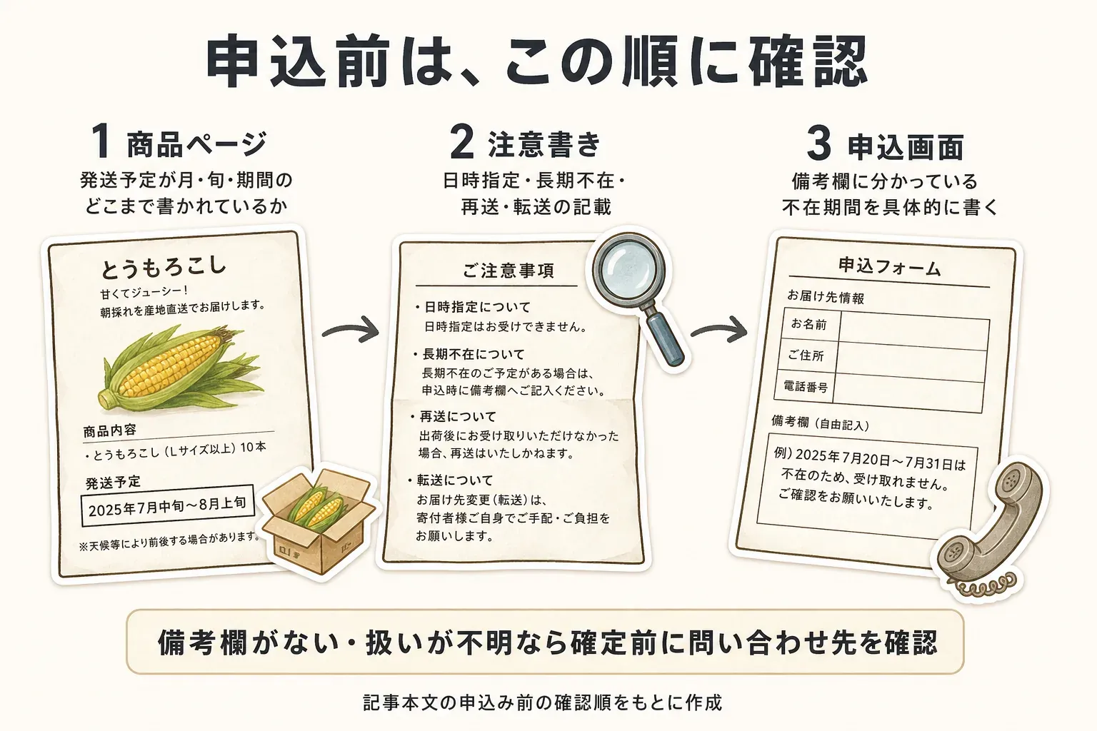 申込み前に、1. 商品ページで発送予定の月・旬・期間を確認、2. 注意書きで日時指定・長期不在・再送・転送の記載を確認、3. 申込画面の備考欄に不在期間を具体的に書く、備考欄がない・扱いが不明なら確定前に問い合わせ先を確認する手順を示す図。記事本文の申込み前の確認順をもとに作成。