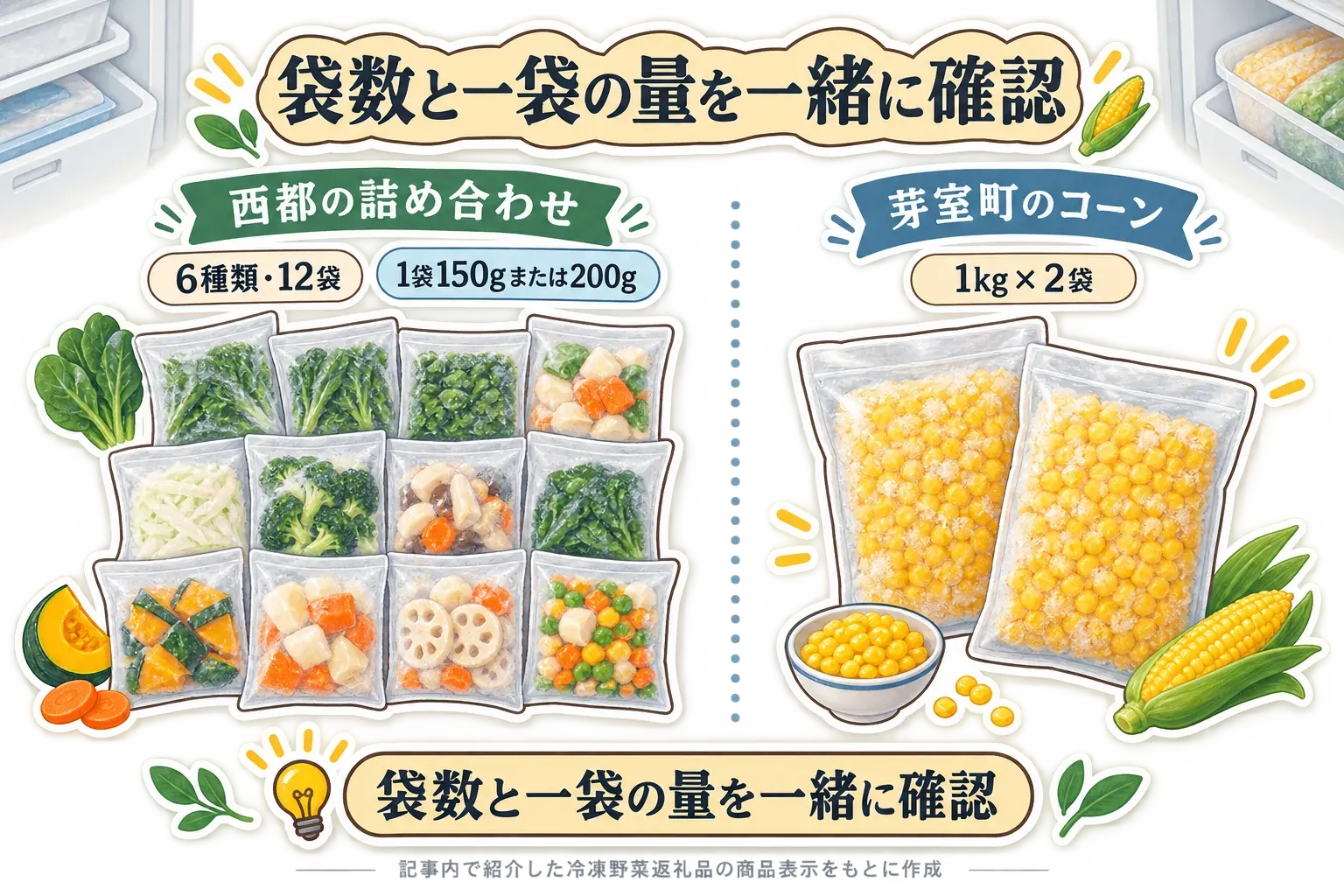 西都の冷凍野菜詰め合わせは6種類・12袋で一袋150gまたは200g、芽室町のコーンは1kg入り2袋であることを、冷凍野菜の袋のイラストで比較した図。記事内で紹介した返礼品の商品表示をもとに作成。