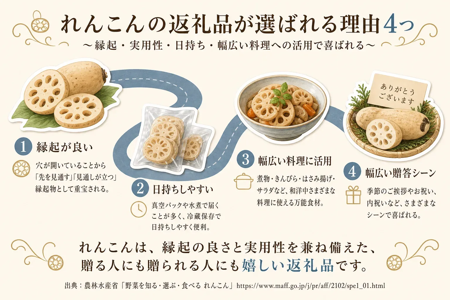 れんこんの返礼品が選ばれる理由として、穴が開いた縁起の良さ、真空パックや水煮による日持ちのしやすさ、煮物・きんぴら・はさみ揚げ・サラダなど幅広い料理への活用、季節の挨拶やお祝いなど幅広い贈答シーンを4項目で示す図。出典：農林水産省「野菜を知る・選ぶ・食べる れんこん」。