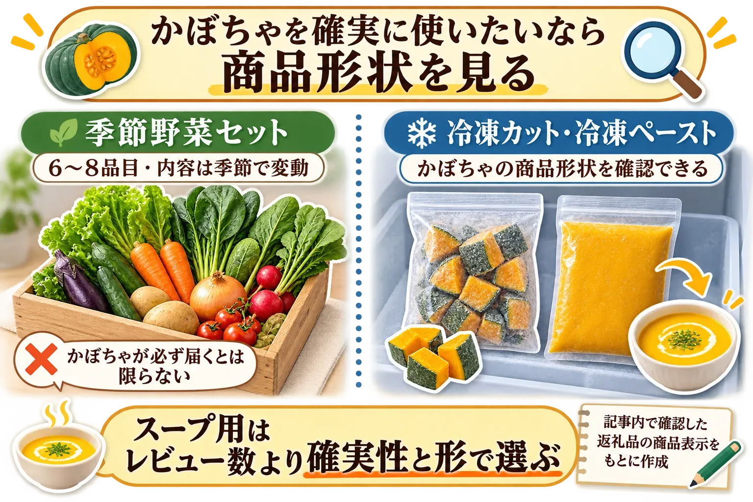かぼちゃを確実に使いたい人向けの商品形状の比較図。季節野菜セットは6〜8品目で内容が季節により変動し、かぼちゃが必ず届くとは限らない一方、冷凍カット・冷凍ペーストはかぼちゃの商品形状を確認できる。スープ用はレビュー数より確実性と形で選ぶことを示す。記事内で確認した返礼品の商品表示をもとに作成。