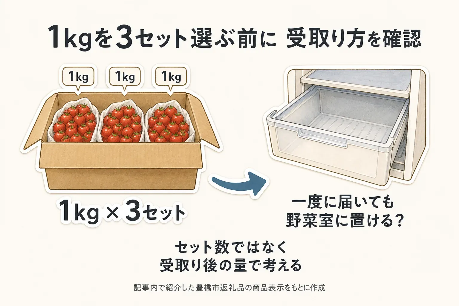 1kg入りのミニトマトを3セット選ぶと3袋が一度に届く可能性を示し、野菜室に置けるかを確認してセット数ではなく受け取り後の量で考える図。記事内で紹介した豊橋市返礼品の商品表示をもとに作成。