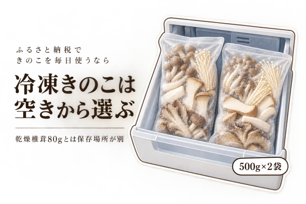 ふるさと納税のきのこ大袋は冷蔵庫に入る？冷凍きのこセットと乾燥椎茸を空き容量で選ぶ
