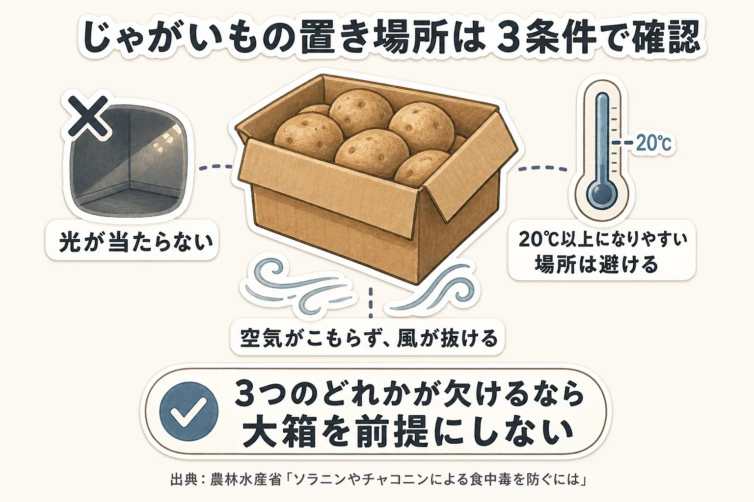 じゃがいもの箱と、光が当たらないこと、20℃以上になりやすい場所を避けること、空気がこもらず風が抜けることの3条件を示す図。3つのどれかが欠けるなら大箱を前提にしないことを示している。出典：農林水産省「ソラニンやチャコニンによる食中毒を防ぐには」。