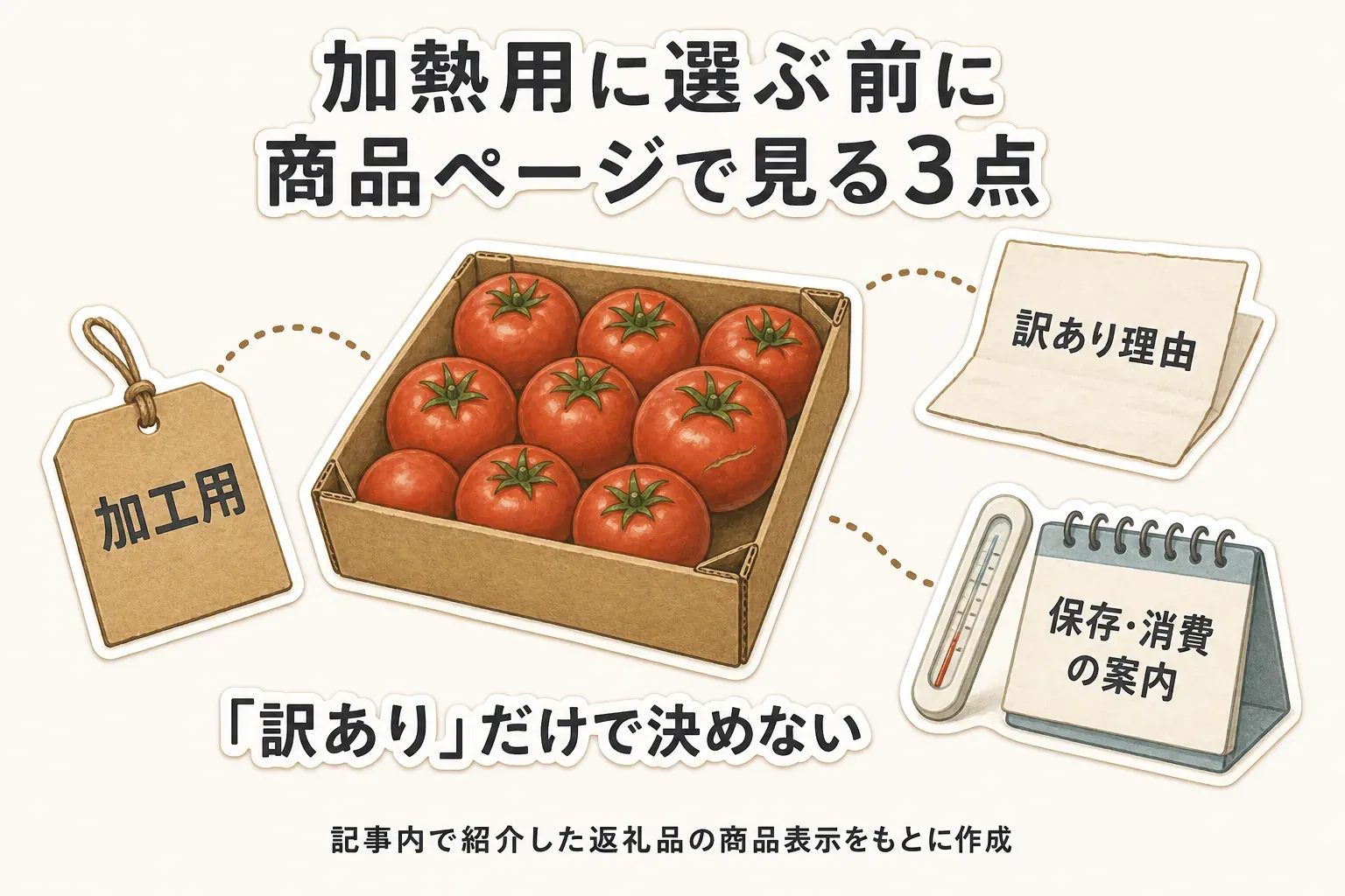加熱用の訳ありトマトを選ぶ前に、商品ページで加工用の明記、訳あり理由、保存・消費の案内の3点を確認し、「訳あり」だけで決めないことを示す図。記事内で紹介した返礼品の商品表示をもとに作成。