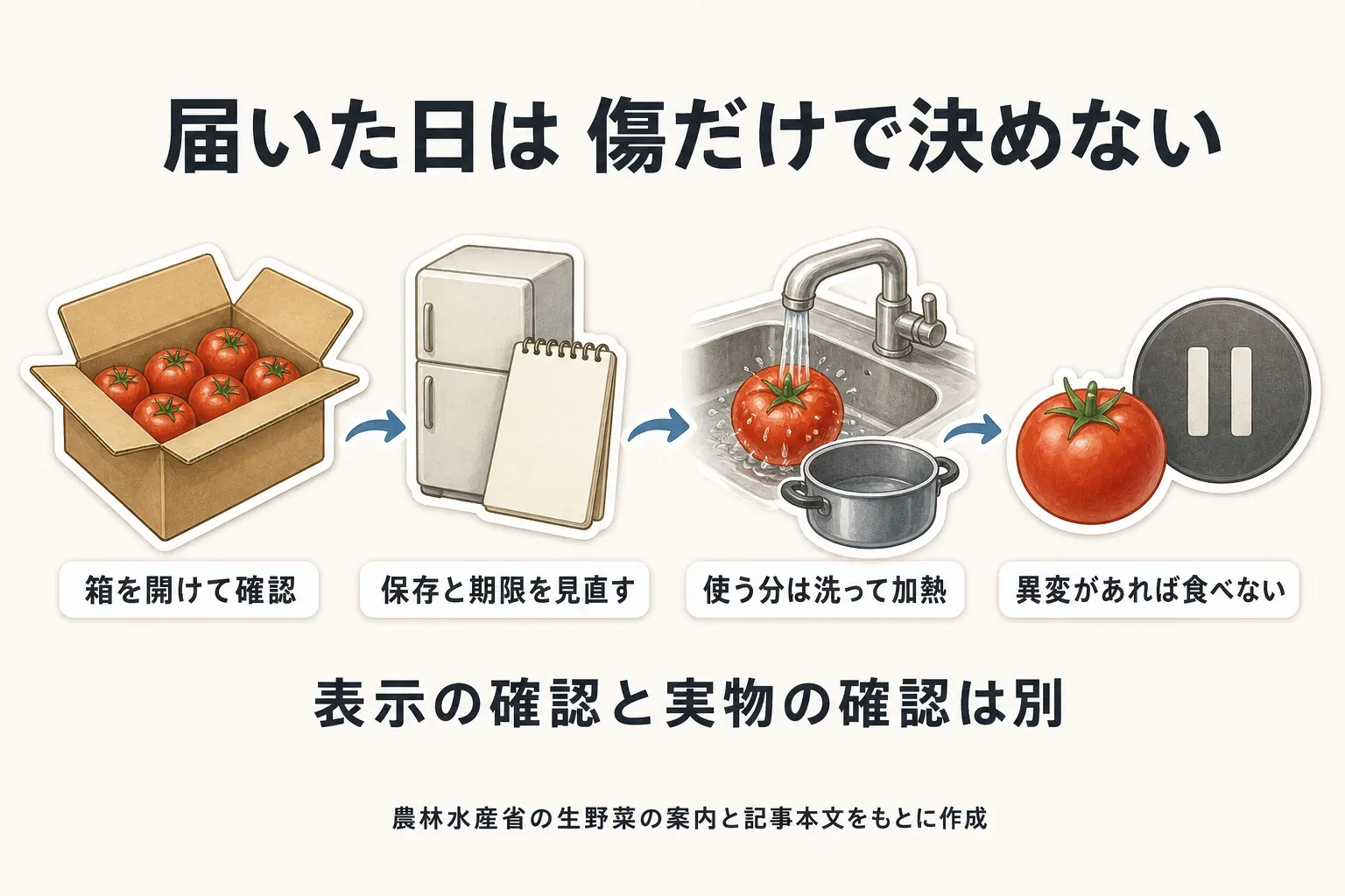 届いた日に傷だけで判断せず、箱を開けて確認、保存と期限を見直す、使う分を流水で洗って加熱、異変があれば食べない、という流れを示す図。農林水産省の生野菜の案内と記事本文をもとに作成。