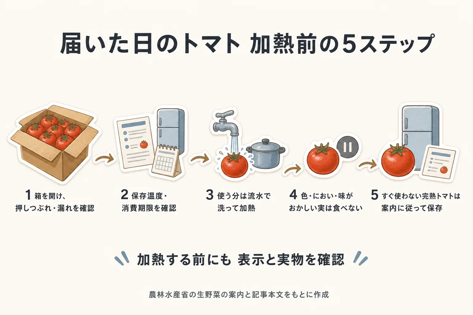 届いた日のトマトを加熱前に扱う5ステップとして、箱を開けて押しつぶれ・漏れを確認、保存温度・消費期限を確認、使う分を流水で洗って加熱、色・におい・味がおかしい実は食べない、すぐ使わない完熟トマトは案内に従って保存する流れを示す図。農林水産省の生野菜の案内と記事本文をもとに作成。